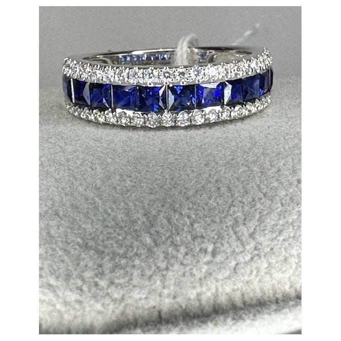 Coloured Stones 18ct Three Row Diamond and Sapphire Half Eternity Ring 