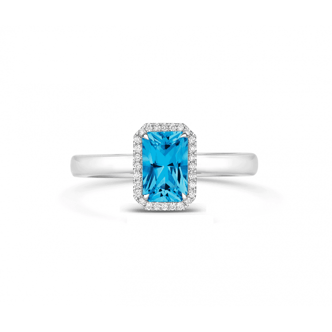 Coloured Stones 18ct White Carat Emerald cut Blue topaz with Diamond halo ring 