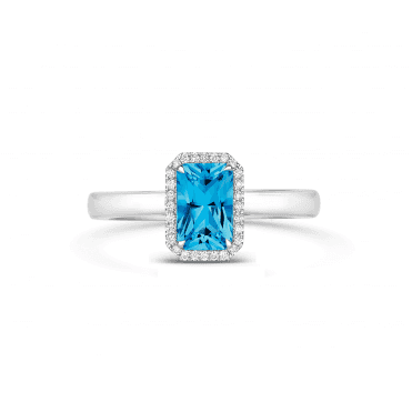 18ct White Carat Emerald cut Blue topaz with Diamond halo ring 