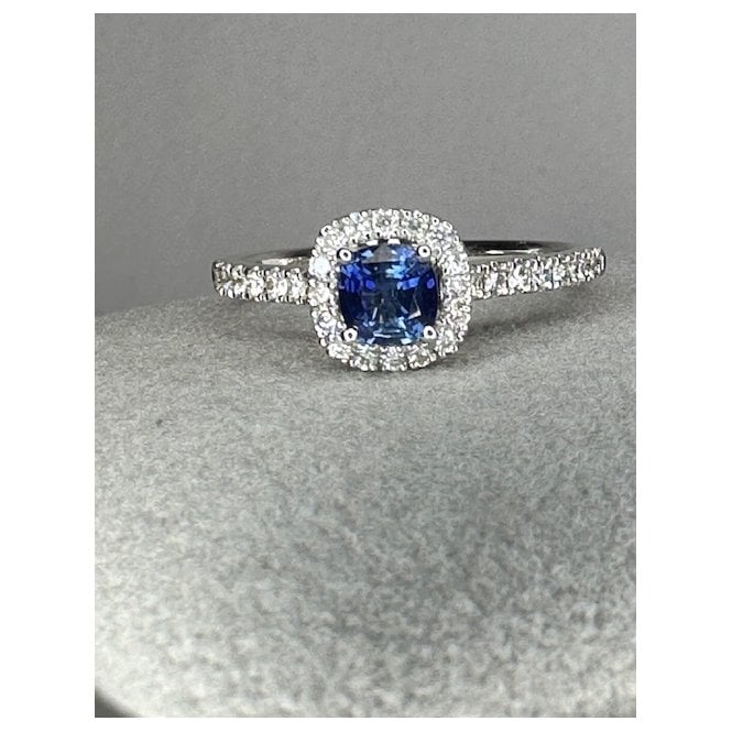 Coloured Stones 18ct White Gold Cushion Shaped Sapphire Halo and Diamond shoulders