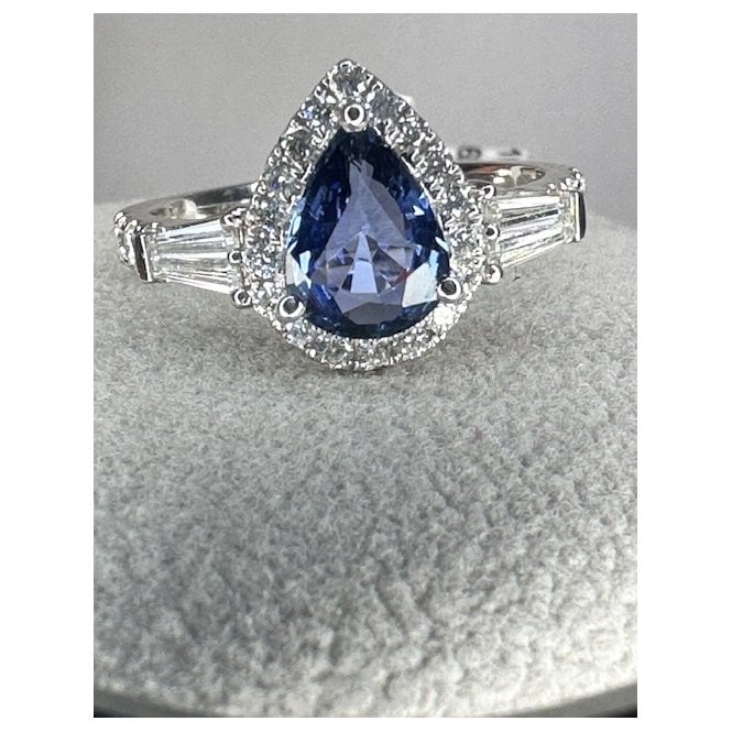 Coloured Stones 18ct White Gold Light Blue Pear Shape Sapphire Tapered Baguette Diamond Shoulders
