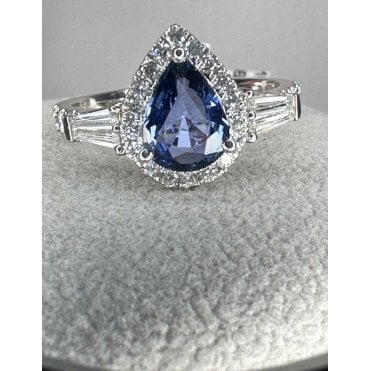 18ct White Gold Light Blue Pear Shape Sapphire Tapered Baguette Diamond Shoulders