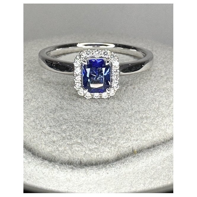 Coloured Stones 18ct White Gold Long Cushion Shape Sapphire and Diamond Halo Ring 