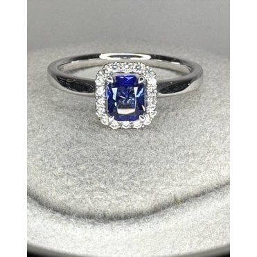 18ct White Gold Long Cushion Shape Sapphire and Diamond Halo Ring 