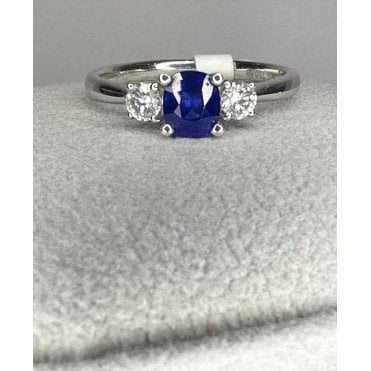 18ct White Gold Oval Sapphire and Diamond 3 Stone Ring