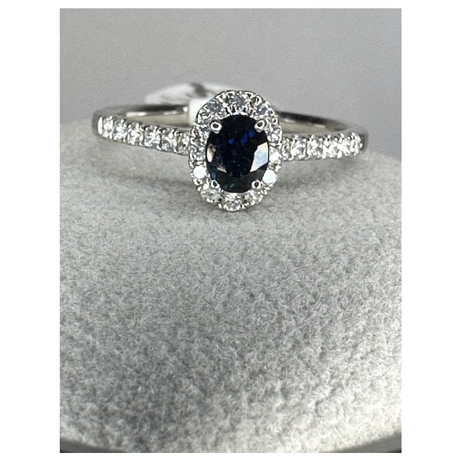 Coloured Stones 18ct White Gold Oval Sapphire and Diamond Halo Ring 