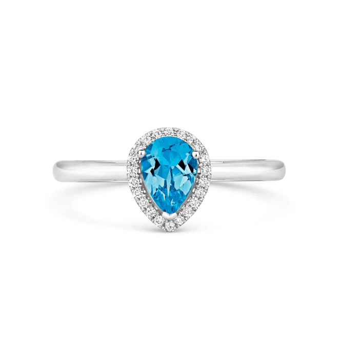 Coloured Stones 18ct White Gold Pear Shape Blue Topaz ring with Diamond halo