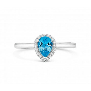 18ct White Gold Pear Shape Blue Topaz ring with Diamond halo