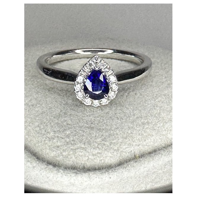 Coloured Stones 18ct White Gold pear shaped Sapphire and Diamond Halo ring 