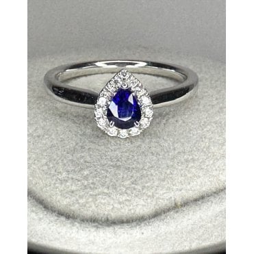 18ct White Gold pear shaped Sapphire and Diamond Halo ring 