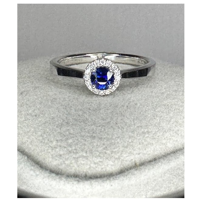 Coloured Stones 18ct White Gold Round Sapphire and Diamond halo ring 