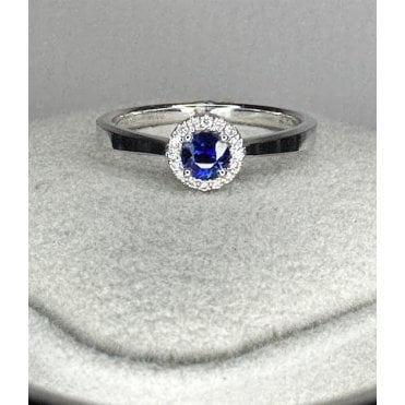 18ct White Gold Round Sapphire and Diamond halo ring 