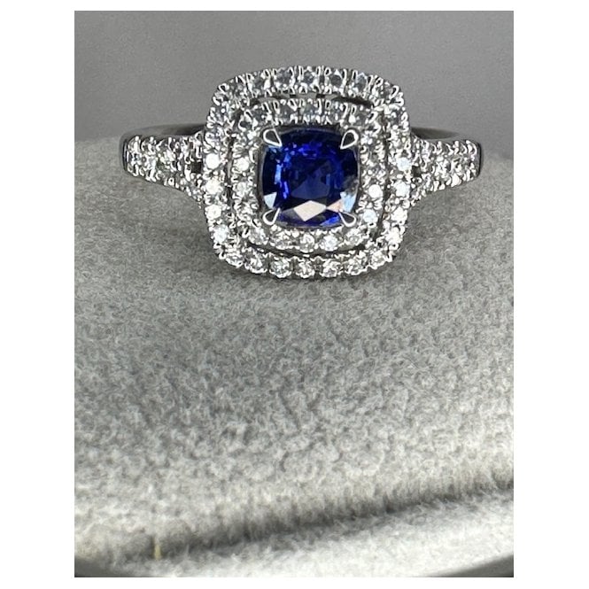 Coloured Stones 18ct White Gold round Sapphire Double Cushion Shape Diamond Halo Ring