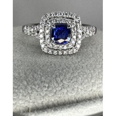 18ct White Gold round Sapphire Double Cushion Shape Diamond Halo Ring