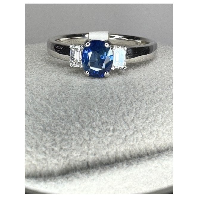 Coloured Stones 18ct White Gold Sapphire and Diamond 3 Stone Ring 