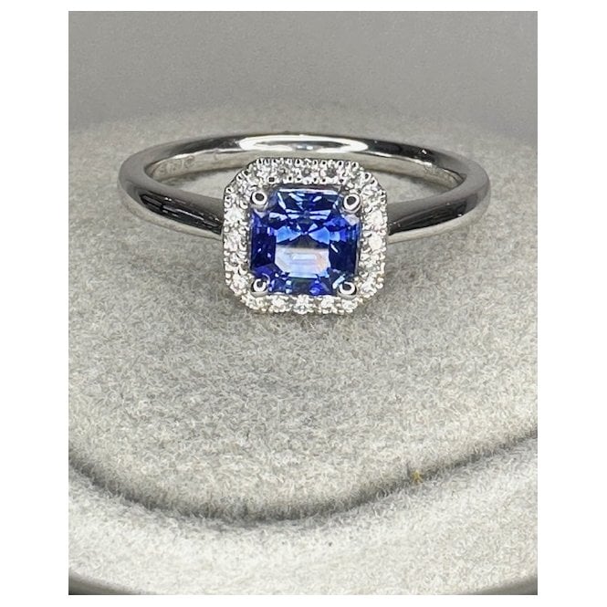Coloured Stones 18ct White Gold Square Cushion Shape Sapphire and Diamond Halo Ring 