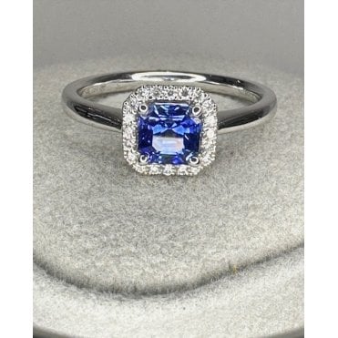 18ct White Gold Square Cushion Shape Sapphire and Diamond Halo Ring 