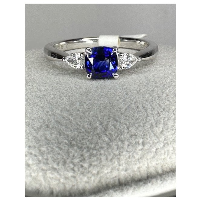 Coloured Stones 18ct White Gold Square Cushion Shape Sapphire and Pear shape Diamond Three Stone Ring