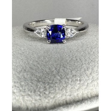 18ct White Gold Square Cushion Shape Sapphire and Pear shape Diamond Three Stone Ring