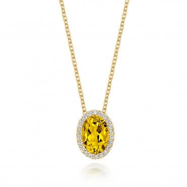 18ct Yellow gold round lemon Quartz with Diamond Halo necklace