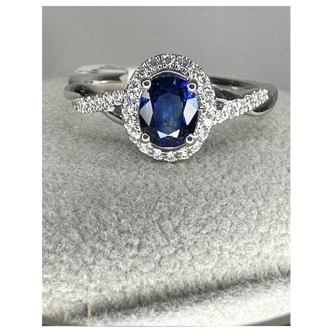 Coloured Stones Platinum Oval Shape Sapphire and Diamond Halo Ring Twist Diamond Shoulders