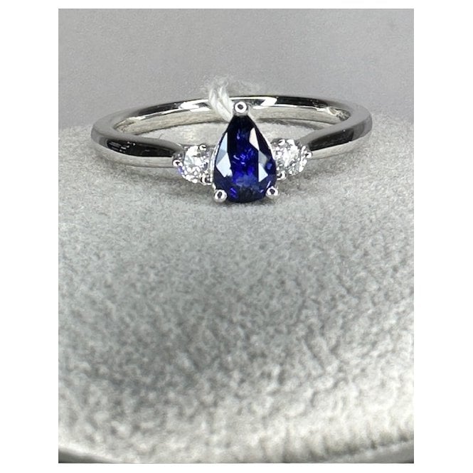 Coloured Stones Platinum Pear Shape Sapphire and Diamond 3 Stone Ring