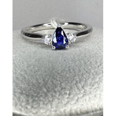 Platinum Pear Shape Sapphire and Diamond 3 Stone Ring