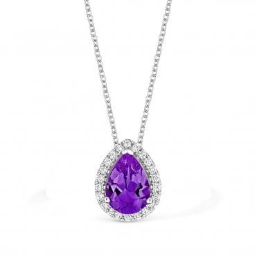 18ct White Gold Amethyst & Diamond Halo Necklace