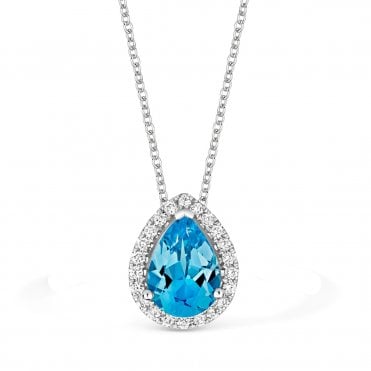 18ct White Gold Blue Topaz & Diamond Halo Necklace