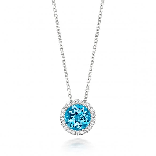 Diamond Necklaces 18ct White Gold Blue Topaz Round Diamond Halo Necklace