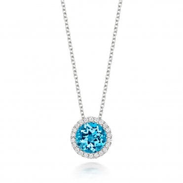 18ct White Gold Blue Topaz Round Diamond Halo Necklace