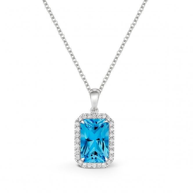 Diamond Necklaces 18ct White Gold Emerald cut Blue Topaz & Diamond Halo Pendant 