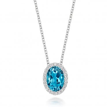 18ct White Gold Oval Topaz & Diamond Halo Necklace