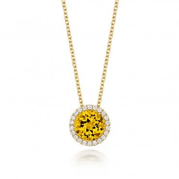 18ct Yellow Gold Lemon Quartz & Diamond Halo Necklace