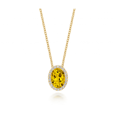 18ct yellow gold oval Lemon quartz diamond halo pendant 