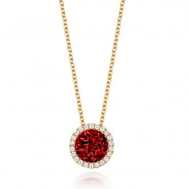 18ct Yellow Gold Round Garnet & Diamond Halo Necklace