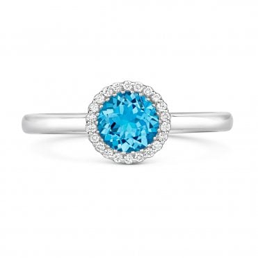 18ct White Gold Blue Topaz & Diamond Halo Dress Ring 