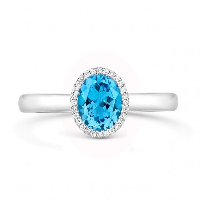Diamond Rings 18ct White Gold Oval Blue Topaz & Diamond Halo Ring