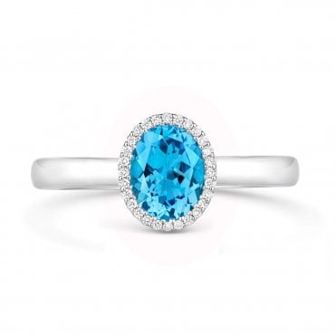 18ct White Gold Oval Blue Topaz & Diamond Halo Ring