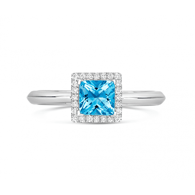 Diamond Rings 18ct White Gold Princess cut Blue Topaz with Diamond Halo ring 
