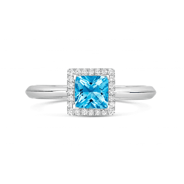 18ct White Gold Princess cut Blue Topaz with Diamond Halo ring 