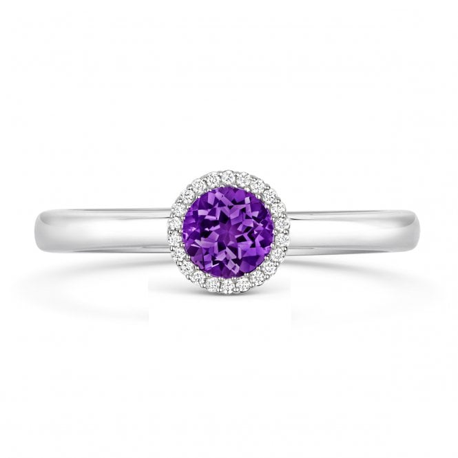 Diamond Rings 18ct White Gold Round Amethyst & Diamond Halo Ring 