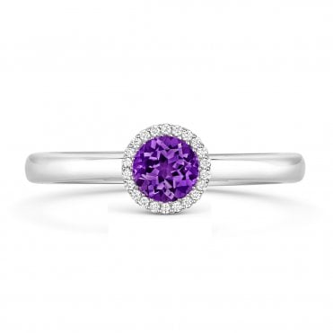 18ct White Gold Round Amethyst & Diamond Halo Ring 