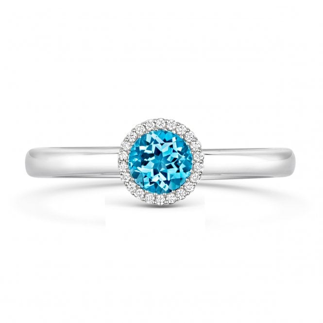 Diamond Rings 18ct White Gold Round Blue Topaz & Diamond Halo Ring 