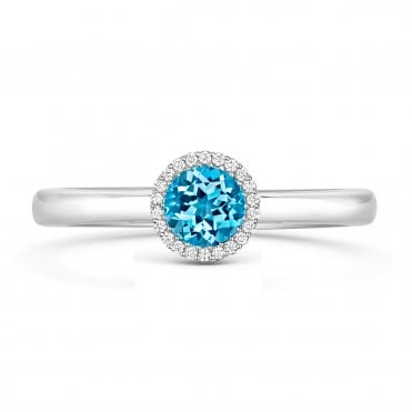 18ct White Gold Round Blue Topaz & Diamond Halo Ring 