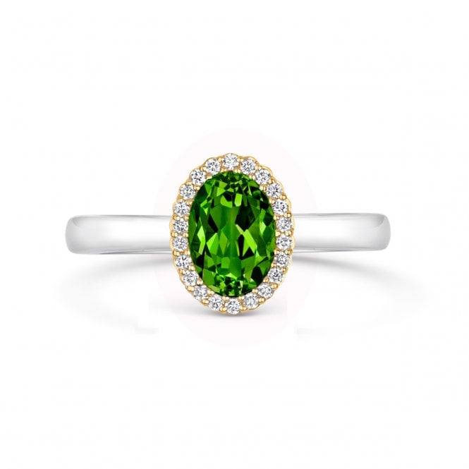 Diamond Rings 18ct White & Yellow Gold Oval Peridot Diamond Halo Ring 
