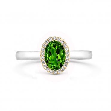 18ct White & Yellow Gold Oval Peridot Diamond Halo Ring 