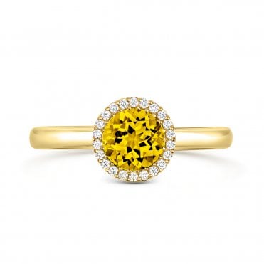 18ct Yellow Gold Lemon Quartz & Diamond Halo Ring