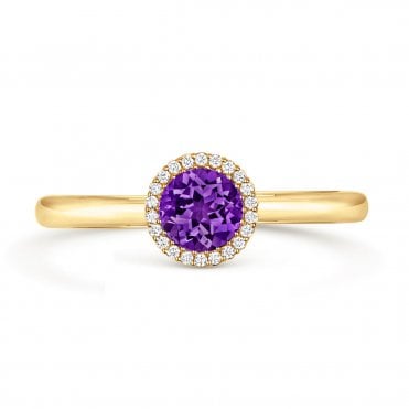18ct Yellow Gold Round Amethyst & Diamond Halo Diamond Ring