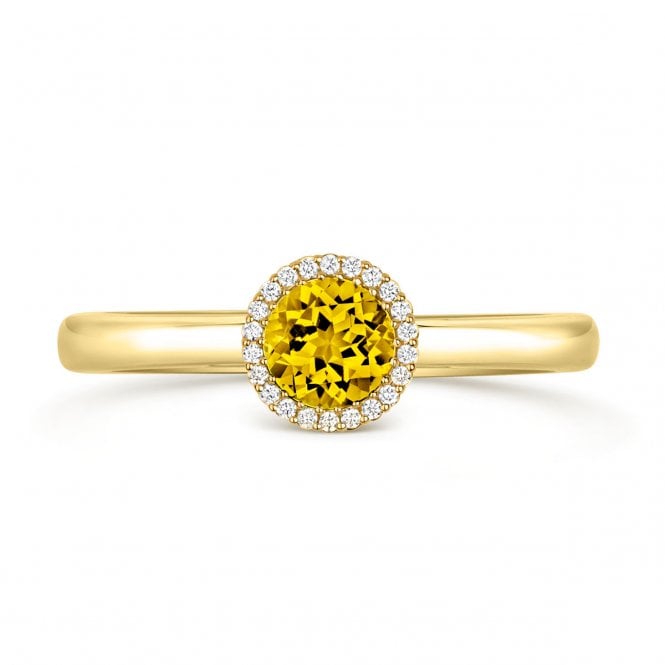 Diamond Rings 18ct Yellow gold Round Lemon Quartz & Diamond Halo Ring 